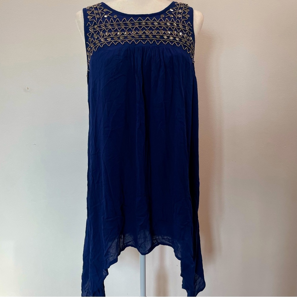 Francesca’s Miami Embellished Sleeveless Navy Swirl Dress Tunic Top Womens SZ L
